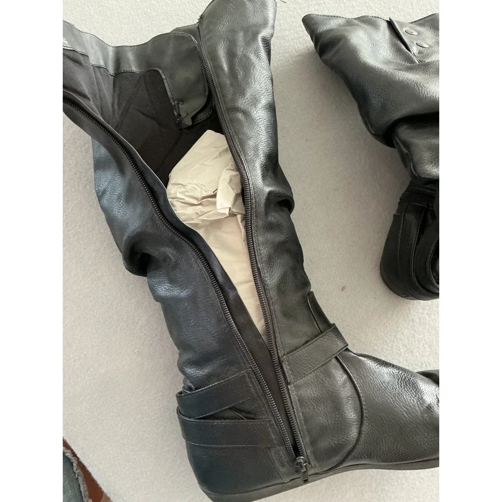 Route 66 Carey Slouch Tall Boots Size 10 Black Faux Leather Buckle Moto Flat